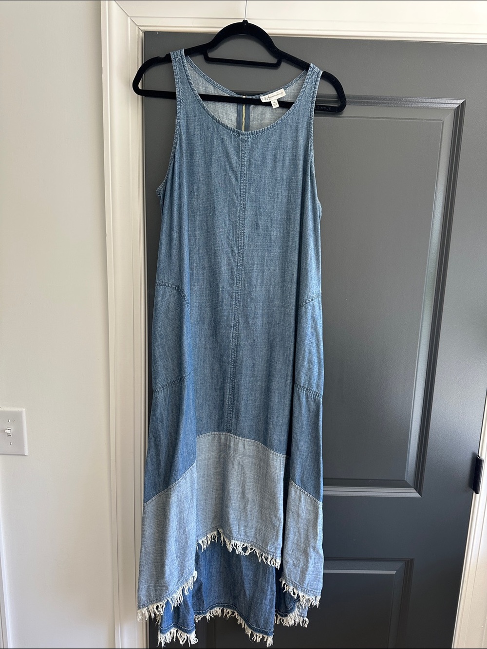 Neiman Marcus Two-Tone Denim Maxi Dress with Fringe Hem